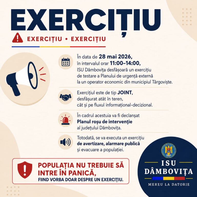ISU Dâmbovița anunță exerciții de avertizare și alarmare publică în data de 28 mai 2026! Populația nu trebuie să intre în panică!