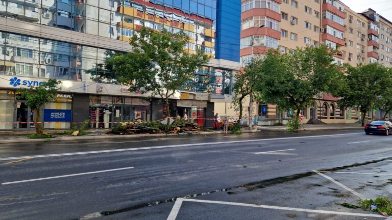 Târgoviște: Copaci și stâlpi doborâți, acoperișul unui bloc de pe Bulevardul Independenței a căzut și a surprins o persoană sub el! Urmările vijeliei puternice care s-a abătut peste oraș!