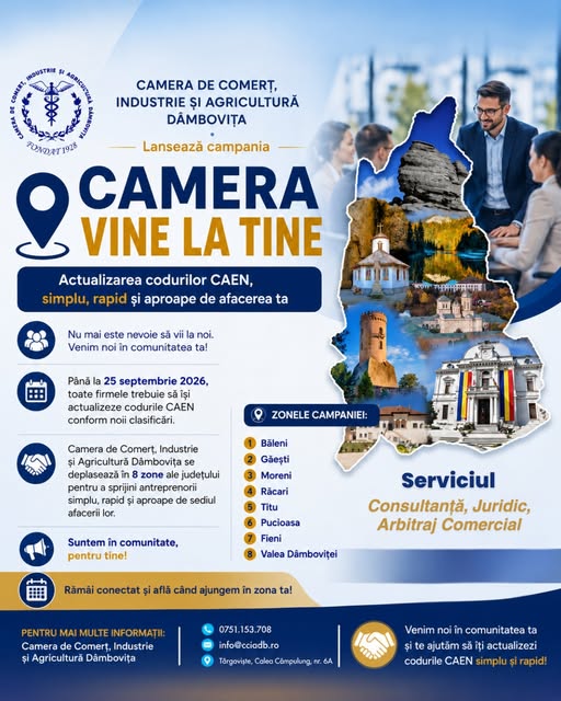 Actualizarea codurilor CAEN, mai simplă și mai aproape de antreprenori. Camera de Comerț Dâmbovița ajunge în 8 zone ale județului
